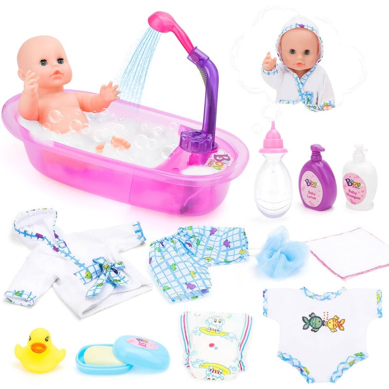 deAO Baby Doll Set,13 Inch Bath Time Baby Doll Playset with Working Shower Spray and Accessories for Kids,Baby Doll and Accessories with Bath Set, Great Pretend Play Toys for Girls - Image 1